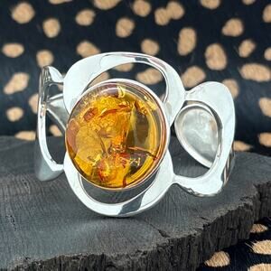 AMBERMAN Cognac Baltic Amber & Sterling Silver Modern Freeform Cuff Bracelet